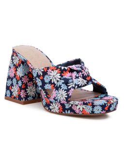London Rag - Womens Navy Blue Floral Triangular Block Sandal Heels