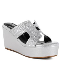 London Rag - Womens Silver Diamante Rhinestone Detail Cut Out Wedges Heels