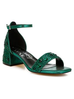 London Rag - Womens Green Rhinestone Embellished Shimmer Sandal Heels