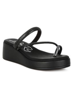 London Rag - Womens Black Slip On Rhinestone Wedges Heels