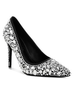 London Rag - Women Black Diamante Rhinestone Embellishments Pump Heels