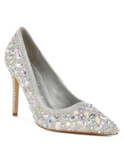 London Rag - Women Silver Diamante Rhinestone Embellishments Pump Heels