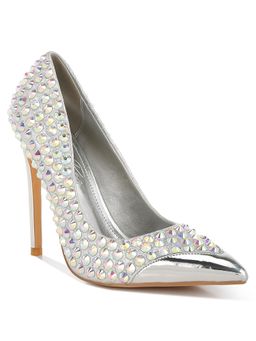 London Rag - Womens Silver Diamante Embellished Stiletto Pump Heels