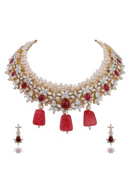 TIZORA - Woven Pearls Red Necklace Set