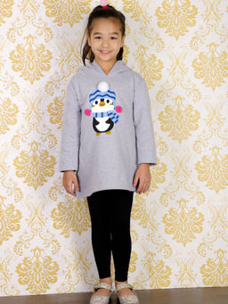 The Mom Store - Girls Cotton Sweater Dress And Leggings Combo - Grey And Black