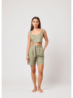 ASHITA FERNANDES - Women Green Linen Blend Top with Shorts (Set of 2)