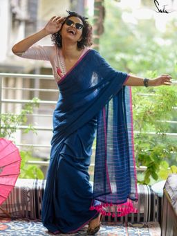 Suta - Navy Blue Solid Mul Viscosesaree without Blouse