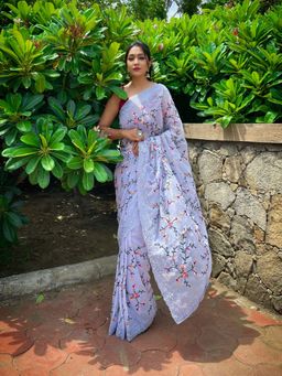 Odette - Blue Embroidered Georgette Saree with Unstitched Blouse