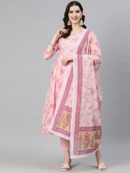 Readiprint - Anarkali Style Cotton Pink Kurta and Pants & Dupatta (Set of 3)