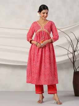 Readiprint - Flared Style Cotton Red Kurta and Pants (Set of 2)