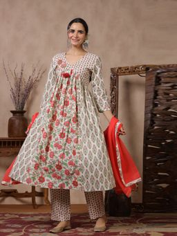 Readiprint - Anarkali Style Cotton Off White Kurta with Pants & Dupatta (Set of 3)
