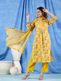 Readiprint - Flared Style Cotton Mustard Kurta and Pants with Dupatta (Set of 3)
