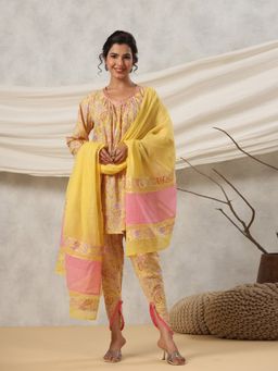 Readiprint - A Line Style Cotton Yellow Kurti with Dhoti & Dupatta (Set of 3)