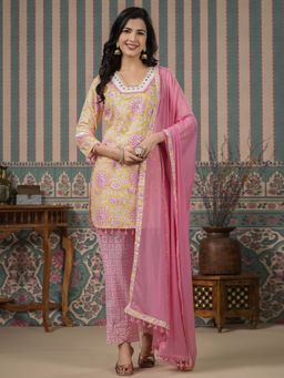 Readiprint - Straight Style Cotton Pink Kurti with Pants & Dupatta (Set of 3)