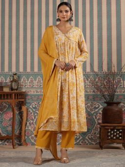Readiprint - Anarkali Style Cotton Mustard Kurta and Pants with Dupatta (Set of 3)