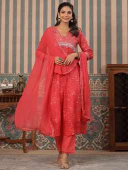 Readiprint - Anarkali Style Cotton Red Kurta and Pants with Dupatta (Set of 3)