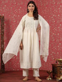 Readiprint - Frock Style Cotton Off White Kurta and Pants with Dupatta (Set of 3)