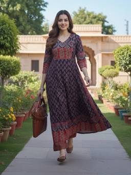 Gahan - Womens Blue Rayon Blend Printed A-Line Kurta with Pant