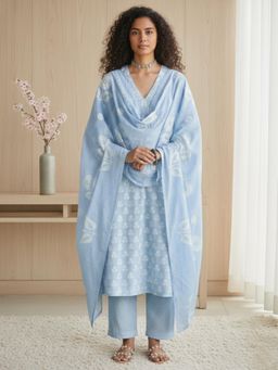 Gahan - Womens Blue Rayon Blend Printed Straight Kurta with Pant & Dupatta