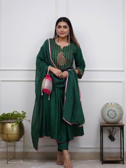 Gahan - Womens Green Rayon Blend Embroidered A-Line Anarkali Kurta with Pant & Dupatta