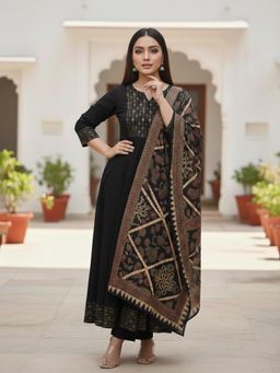 Gahan - Womens Black Rayon Blend Printed Anarkali Kurta with Pant & Dupatta