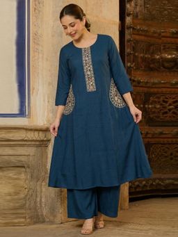 Gahan - Womens Blue Rayon Blend Embroidered A Line Kurta with Palazzo