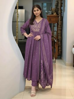 Gahan - Womens Purple Rayon Blend Printed A-Line Anarkali Kurta with Pant & Dupatta