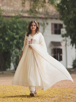 Gahan - Womens Cream Rayon Blend Embroidered Anarkali Kurta with Pant & Dupatta