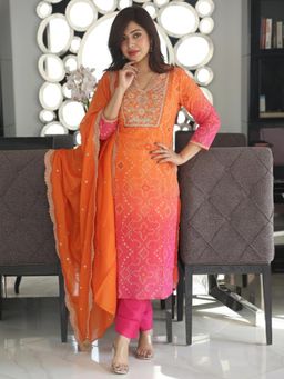 Gahan - Womens Orange Rayon Blend Printed Straight Kurta with Pant & Dupatta