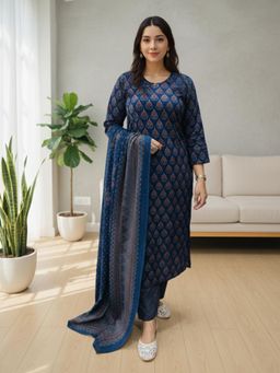 Gahan - Womens Blue Rayon Blend Printed Straight Kurta with Pant & Dupatta