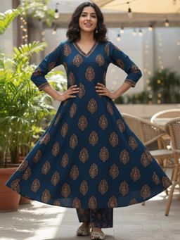 Gahan - Womens Blue Rayon Blend Printed A-Line Anarkali Kurta with Pant