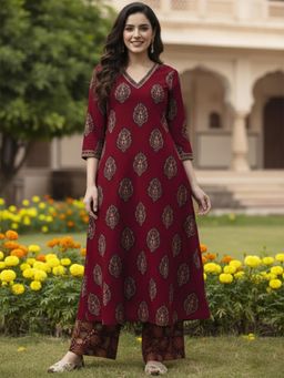 Gahan - Womens Red Rayon Blend Printed A-Line Kurta with Palazzo