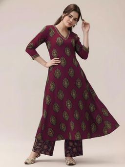 Gahan - Womens Wine Rayon Blend Printed A-Line Anarkali Kurta with Palazzo