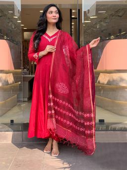 Gahan - Womens Red Rayon Blend Embroidered Anarkali Kurta with Pant & Dupatta