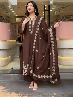 Gahan - Womens Brown Rayon Blend Embroidered Straight Kurta with Palazzo & Dupatta