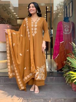 Gahan - Womens Mustard Rayon Blend Embroidered Straight Kurta with Palazzo & Dupatta