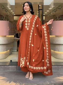 Gahan - Womens Rust Rayon Blend Embroidered Straight Kurta with Palazzo & Dupatta