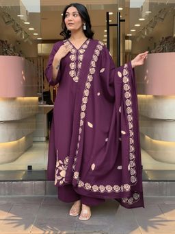 Gahan - Womens Wine Rayon Blend Embroidered Straight Kurta with Pant & Dupatta