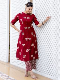 Gahan - Womens Red Cotton Blend Printed A-Line Kurta with Palazzo
