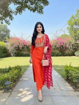 Gahan - Womens Orange Rayon Blend Embroidered Straight Kurta with Pant & Dupatta