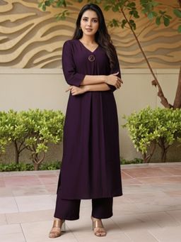 Gahan - Womens Wine Rayon Blend Solid A-Line Kurta with Palazzo