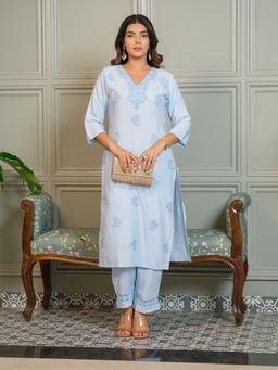 Gahan - Womens Blue Embroidered Lucknowi Kurta with Pant