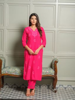 Gahan - Womens Pink Embroidered Lucknowi Kurta with Pant