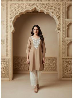 Gahan - Womens Embroidery Beige Straight Short Kurta