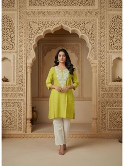 Gahan - Womens Embroidery Fresh Lime Straight Short Kurta