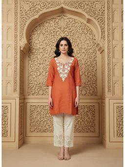 Gahan - Womens Embroidery Rust Straight Short Kurta