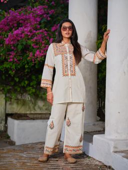 Gahan - Womens Mirror Work White Paisley Embroidered Co-Ord Set