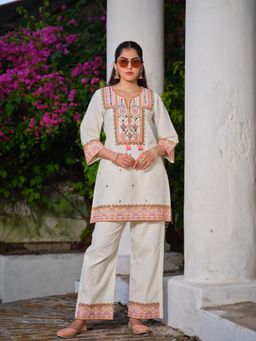 Gahan - Womens Mirror Work White Paisley Embroidered Co-Ord Set