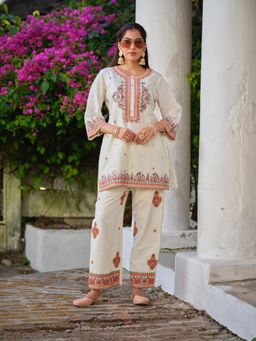 Gahan - Womens Mirror Work White Paisley Embroidered Co-Ord Set
