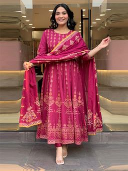 Gahan - Womens Pink Rayon Blend Printed A-Line Anarkali Kurta with Pant & Dupatta